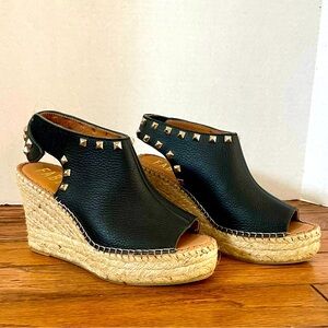 Fabiolas Black Leather Espadrilles Wedge Sandal Heels Shoes 38
